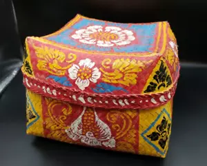 Hand Painted Square Decorative Lidded Basket vibrant colors Bohemian style decor - Picture 1 of 8