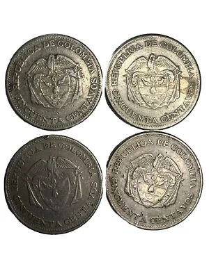 1958-1959 ERRORES Colombia 50 Centavos, Simón Bolívar, 4 Monedas KM-217, ACUÑADO ERR Foto 1 de 4