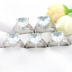 5 Pieces 1 Lot Romantic Heart Natural White Topaz Gems Silver Rings Size 7 8 9