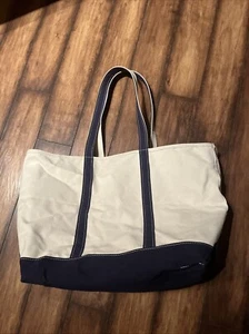 L.L. Bean Boat and Tote White Navy Blue X -Large 27 x 16 Zip Top Canvas Bag - Picture 1 of 10