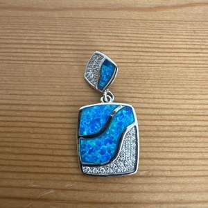 Sterling Silber 925 Anhänger mit blauem Opal Inlay und CZ Akzenten, modernes Design - Bild 1 von 5