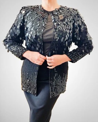 Chaqueta Formal Vintage Años 70 Oleg Cassini Negra Seda Con Cuentas y Lentejuelas Foto 1 de 4