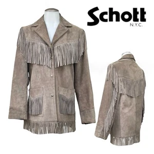 Vintage SCHOTT NYC Womens M 12 Suede Leather Jacket Western Rancher Fringe GRAY - Picture 1 of 24