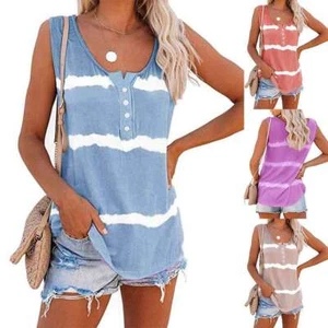 New Women Tie-dye Sleeveless Tank Tops Loose T Shirts Vest Button Down Plus Size - Picture 1 of 15