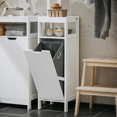 Tilt-Out Laundry Hamper Cabinet with Hidden Basket & Shelf, Bathroom Storage Cab - Image 1 of 4