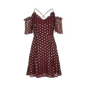Topshop Cold Shoulder Burgundy/Gold Spot Print Fit & Flare Dress Size 14 Bnwt - Picture 1 of 4