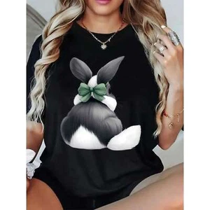 Women's Easter Bunny Print T-Shirt, Casual Short Sleeve - Picture 1 of 12