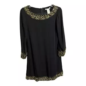 Alice + Olivia Women's A-Line Dress Black Silk W/ Gold Sequins Puff Sleeve Sz S - Picture 1 of 10