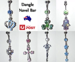 Belly Navel Bar Ring Crystal Gem Dangle Body Piercing Unique 316L AU 14g - Picture 1 of 42