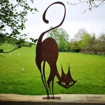 Rusty Metal Cat Fence Topper Decor Outdoor Yard Garden Statues Stakes, Black - Image 1 of 4