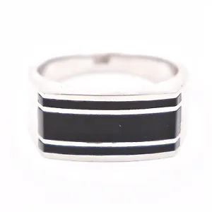 Black Onyx Striped Line Rectangle Shaped 14k White Gold Men's Ring - Picture 1 of 3