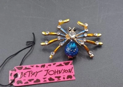 New Betsey Johnson Rhinestone Large Blue Yellow 🕷 Spider Pin Brooch With Tag Foto 1 de 4