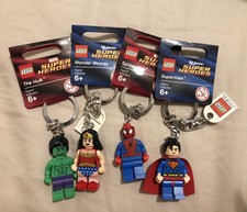 LEGO Keychains- Lot Of 4- Spideman, The Hulk, Superman And Wonder Women