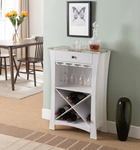 Kings Brand Hiland Armadio Bar Porta Vino con Portabicchieri e Cassetto, Bianco - Foto 1 di 8