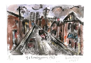 2023 Linolschnitt "Ystradgynlais Street 1953" von Bill Payne.Josef Herman Style - Bild 1 von 1