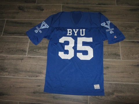 BYU Cougars Vintage NCAA Football Jersey College Retro Champion L Blue Rare Cover