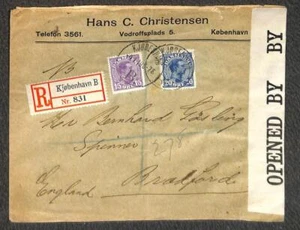 DENMARK 102 & 103 STAMPS WW1 MILITARY TO ENGLAND REGISTERED CENSORED COVER 1919 - Picture 1 of 2