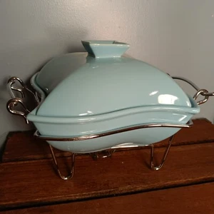 Sienna By Godinger Light Blue Ceramic Lidded Casserole Dish, Chrome Warmer Stand - Picture 1 of 7