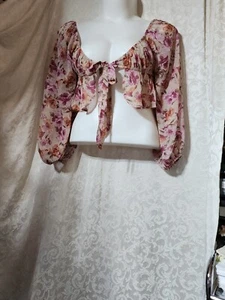 Bella Mae Sheer Crop Top Tie Front Floral, Long Sleeve Peasant Short 5465 - Picture 1 of 7