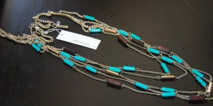 KENNETH COLE MULTIPLE GOLD TONED CHAINS WITH WOOD & FAUX TURQUOISE BEAD NECKLACE - Picture 1 of 12