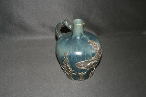 ancienne cruche en grès bleuté et feuille étain dragon art nouveau début XX ème - Foto 1 di 9