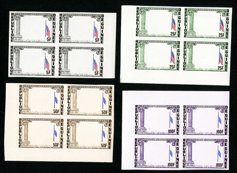 Guinea Stamps # 325-7 + C56 XF OG NH Imperf Blocks with Missing Vignette Error Cover