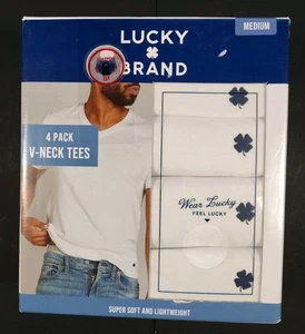 LUCKY BRAND-New-Men's White Cotton Blend V-Neck Tees-4 Pack-Size M - Picture 1 of 5