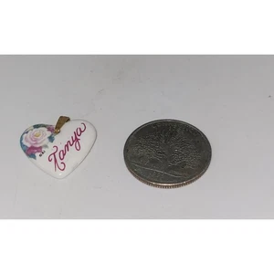 Tanya Heart Shaped Kiln Fired Porcelain Metal Bail Pendant ~ Flower graphic  - Picture 1 of 3