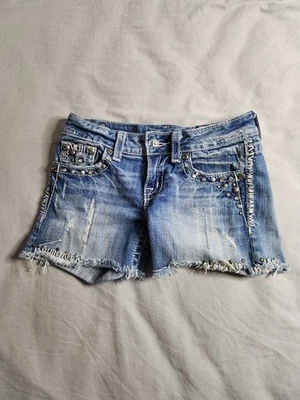 Miss Me Denim Jean Shorts Womens Size 26 Medium Wash Rhinestones Grunge Punk NEW - Image 1 of 4