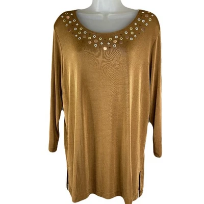 Top túnica adornada Slinky Brand para mujer talla L tejido líquido manga 3/4 cobre Foto 1 de 4