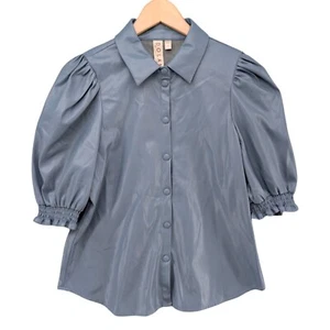 Anthro Dolan Left Coast Faux Leather Blouse Womens Blue Puff Sleeve Snap Up Sz S - Picture 1 of 10