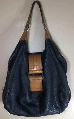 KENNETH COLE Black Pebbled Soft Leather Brown Accents HOBO PURSE Fashion Bag - Image 1 of 4