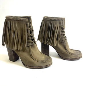 Frye Fringe Ankle Boots Suede Womens Size 8M Gray Lace Up 3.5" High Heels Boho - Picture 1 of 19
