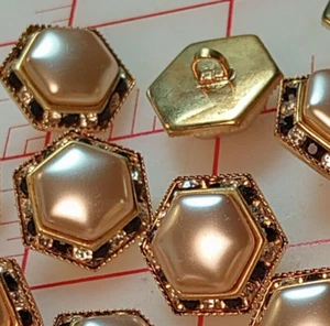 5 Fine Vintage Czech Shank Button Hexagon Pearl Tiny Rhinestones Clear Blue 3/4" - Picture 1 of 8