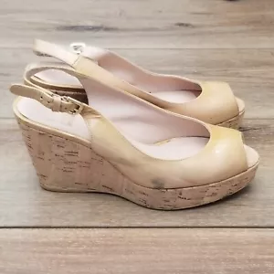 Stuart Weitzman Jean Cork Wedge Slingback Sandals Spring Summer Gold Beige FLAW - Picture 1 of 11