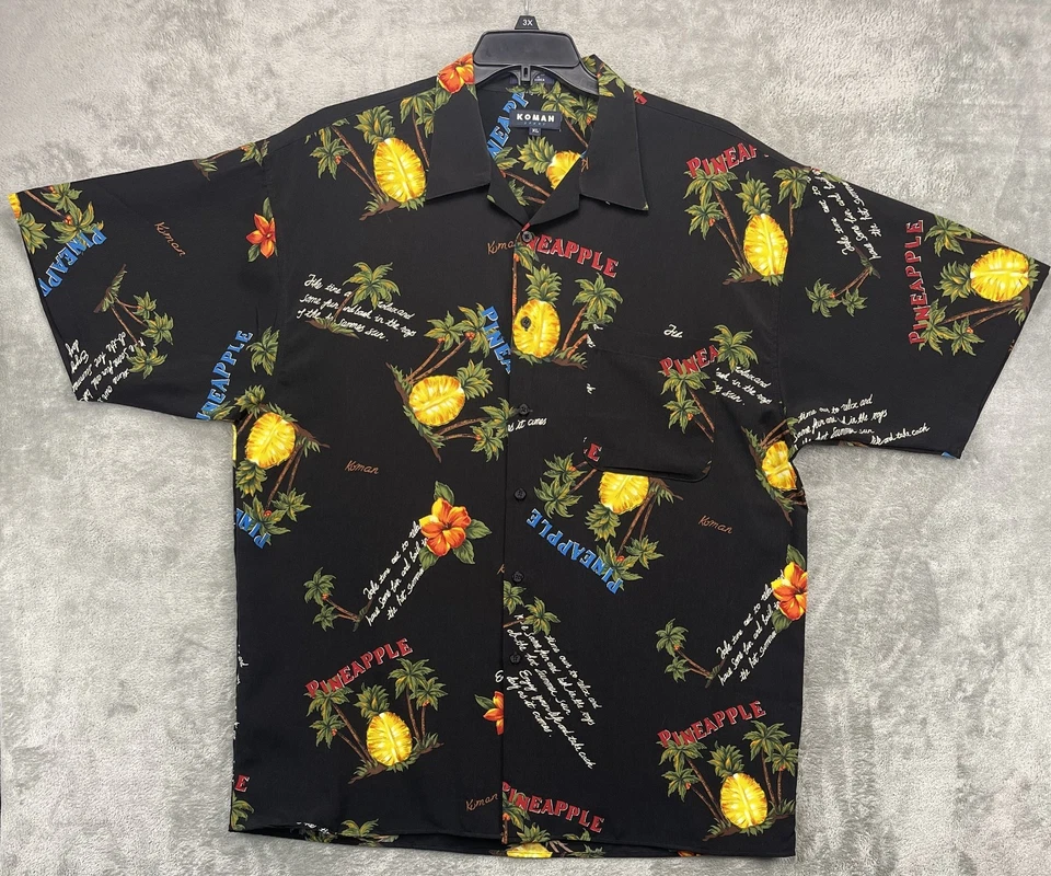 复古 Koman 运动夏威夷衬衫男式 XL 黑色菠萝花卉营地 Aloha — 第 1/4 张图片