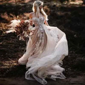 Boho Floral Appliques Country Lace A-Line Off Shoulder backless Wedding Dress - Picture 1 of 9