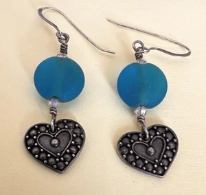 Vintage 925 Sterling Silver Heart Earrings - Blue-Tone - Dangle - Picture 1 of 7