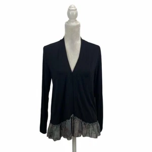 LOGO Lori Goldstein Mixed Media Cardigan Knit Chiffon Ruffle Hook & Eye Stretch - Picture 1 of 10