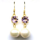 Gemstone 10 mm. White Pearl & Purple Amethyst Earrings 925 Silver 18K Gold 
