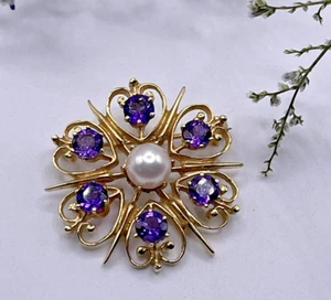 14kt Yellow Gold Pearl with Amethyst Brooch/Pendant - Picture 1 of 10