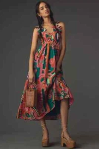 Farm Rio Pleated Palm Midi Dress Anthropologie Cutout Tropical Boho Size L NEW - Picture 1 of 7