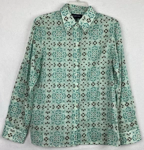 JONES NEW YORK Women M Button Up Blouse Top Geometric Light Cotton Airy Roll Tab - Picture 1 of 6