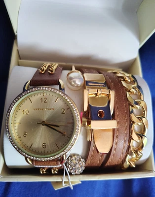 Adrienne Vittadini NWT Watch Bracelet Set Rhinestones, Gold Tone, & Leather NEW - Image 1 of 4
