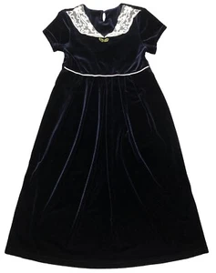 Vintage Dress Girls 8 M Black Velvet White Lace Collar w/Bow Formal Party Preppy - Picture 1 of 6