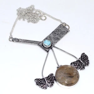 Natural Black Rutile Larimar 925 Silver Plated Necklace 19" Aesthetic AU i509 - Picture 1 of 3