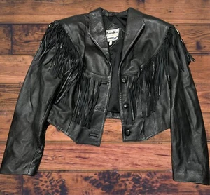 VTG PIONEER WEAR CROPPED BLACK LEATHER WESTERN MOTO JACKET WOMEN'S SIZE 12 - Picture 1 of 9