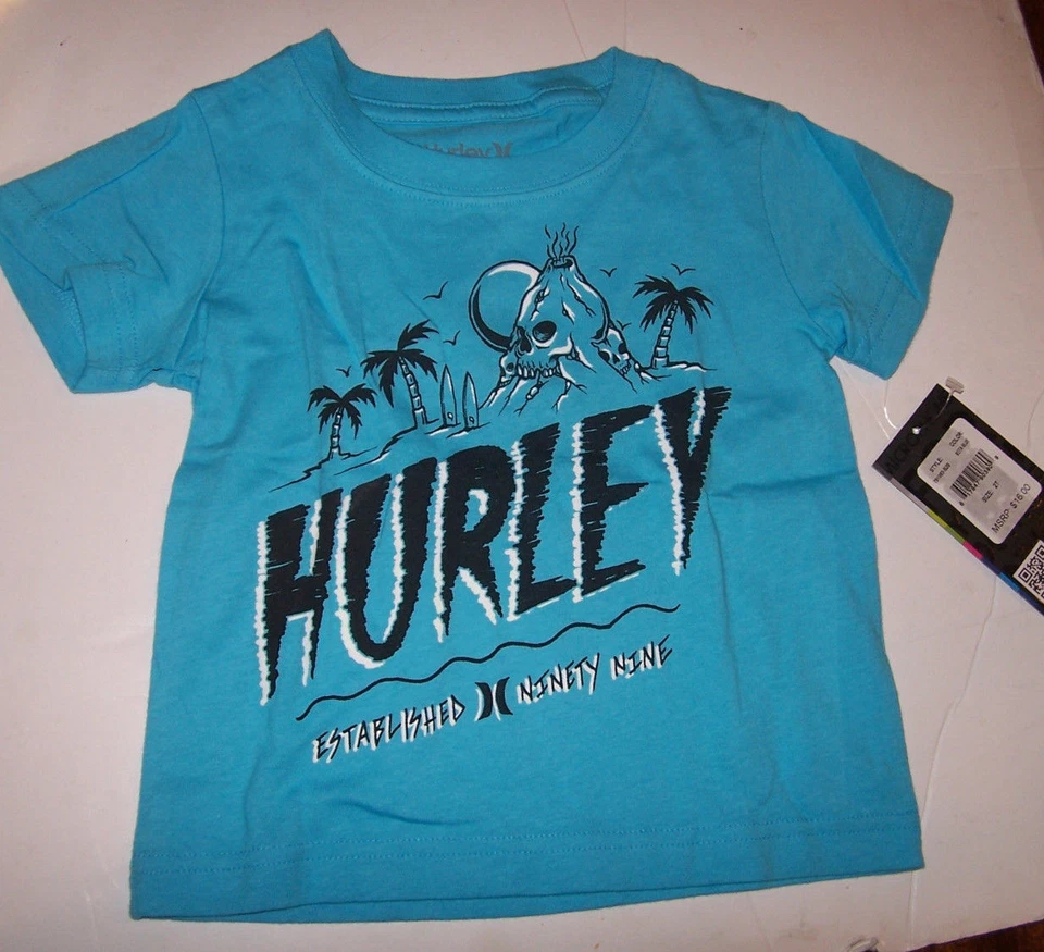 Nueva Camiseta Hurley Manga Corta Niños Calavera Isla Volcán Turquesa Azul Top 2T Foto 1 de 1