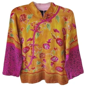 Christina Rotelli Silk Blend Sweater XL Pink Floral 3/4 Sleeve Asian Mandarin24 - Picture 1 of 8