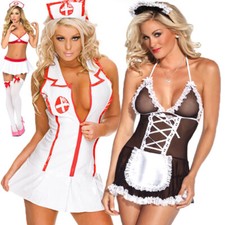 Womens French Maid Nurse Fancy Dress Costume Hen Party Naughty Girl Outfit Suit